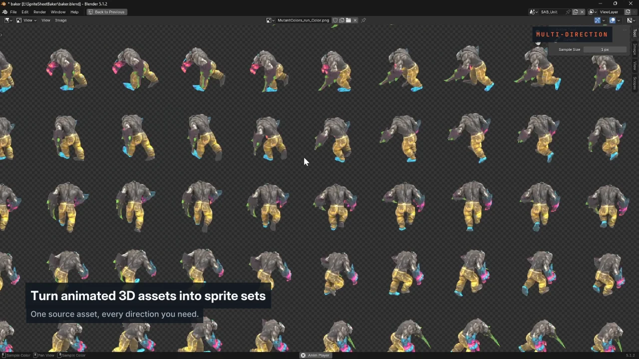 Real multidirectional sprite set generated by SpriteOrbit in Blender